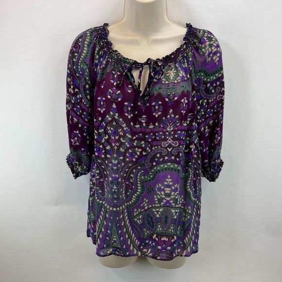 Aqua Bloomingdale's Womens Sz S Purple Sheer Floral Tie Neck Blouse - Picture 1 of 5